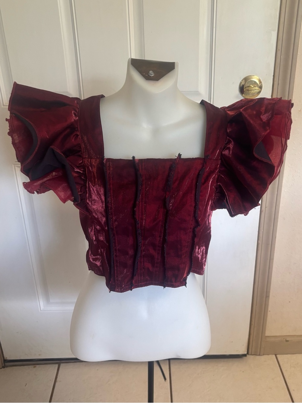 Large Sofie the Label Maroon/Black Puff sleeve Hailey Cognac crop Top. In EUC!